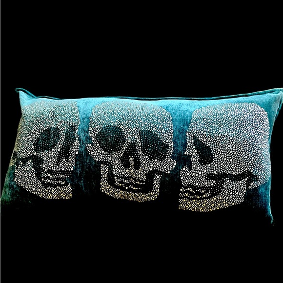 Magaschoni Other - 💀Beautiful quality turquoise velvety feel lumbar pillow with sparkly skulls NWT